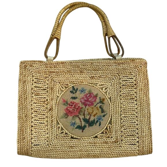 VTG Heiress Needlepoint Handbag Floral Rattan Wicker Satchel Waterproof Lined - Picture 1 of 8